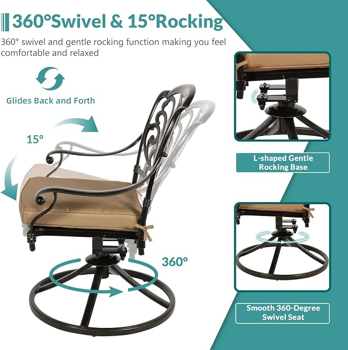 MEETWARM 9-Piece Outdoor Patio Dining Set for 8, All Weather Cast Aluminum Patio Funiture Table and Chairs Set- Large 64" Square Table and 2 Swivel Rocker Chairs, 6 Stationary, Umbrella Hole, Khaki