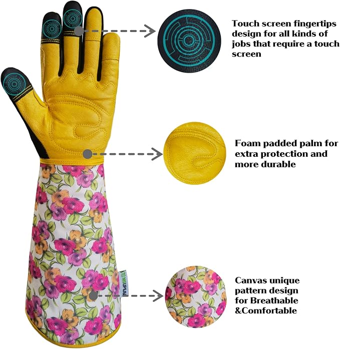 Thornproof Rose&Cactus Gardening Gloves,Gauntlet Garden Glove,Gifts | Canvas,Cute Floral Pattern,Leather Palm,Touchscreen,Durable Material,Garden Gift,Men&Women,Machine Washable,Adjustable Cuff