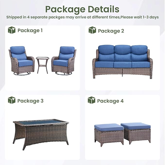 Luxury Patio Furniture Set 7pcs with 6-inch Cushion, Outdoor Furniture with Coffee Table, Swivel Chairs, Sofa, Side Table, Ottomans, Patio Set for Deck Yard and Poolside Brown Wicker | Blue Cushions