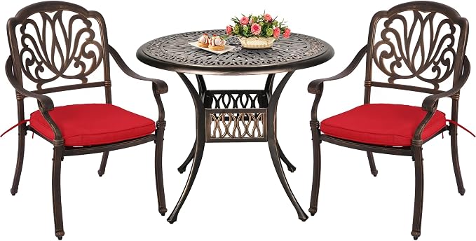 Grepatio 3 Piece Bistro Set Outdoor Cast Aluminum Patio Dining Set Table and Chairs Outside Bistro Furniture 2 Chairs and 1 Umbrella Table for Lawn Garden (Red)