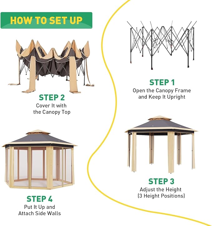 Pop Up Canopy Tent 13x13 Ft Instant Gazebo with Mosquito Netting Enclosure, Adjustable Outdoor Gazebo for Patio, Garden & Backyard Use with UV Protection & 3 Heights
