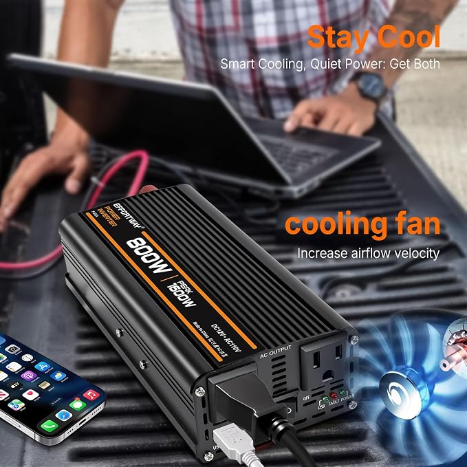 800W Power Inverter, Inverter 12V to 110V with 2 AC Outlets, 2.1A USB Port, Car Power Inverter with Alligator Battery Clamp for Phone, Laptop on Camping, Road Trip