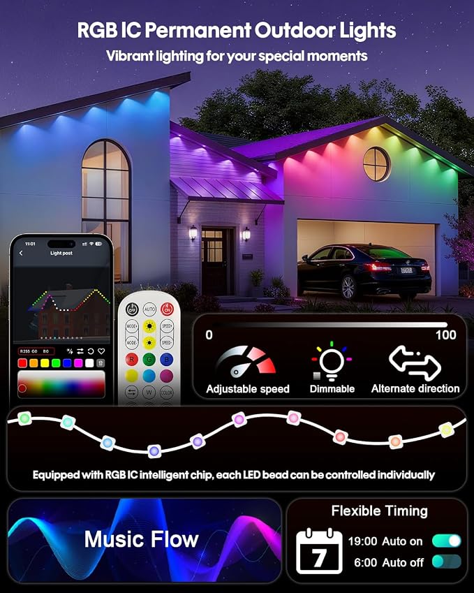 Super RGB Permanent Outdoor Lights 150FT, Smart RGB+IC Eave Lights with Remote APP Control, DIY LED Color Individual, White & Colorful Christmas String Light, IP67 Waterproof for House Outside Decor