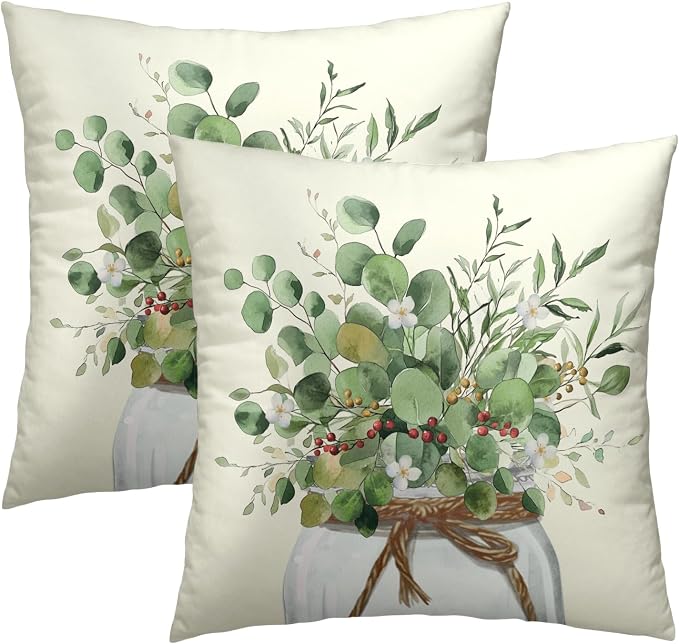 Eucalyptus Leaf Throw Pillow Covers 22x22 in Set of 2 Spring Green Leaves White Floral Jar Holiday Farmhouse Square Pillowcases Cushion Cover for Couch Bed Sofa Outdoor Patio Décor