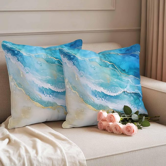 Abstract Waves Outdoor Waterproof Throw Pillow Covers Set of 2, 20"x20", Surrealism Spray Beach Ocean Watercolor Decorative Pillow Covers Outside Cushion Case for Patio Porch Garden