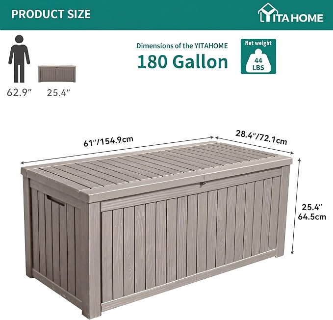 YITAHOME 180 Gallon Large Deck Box w/Divider, XL Waterproof Outdoor Storage for Patio Furniture,Outdoor Cushions, Garden Tools, Sports Equipment and Pool Supplies, Resin, Lockable, Taupe