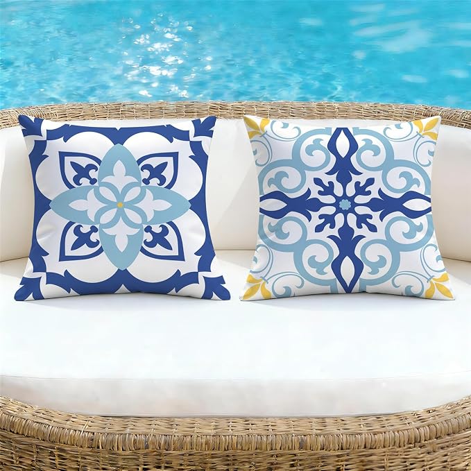 NIGHTWISH Outdoor Waterproof Pillow Covers 16x16 Set of 4 Blue Boho Decorative Outdoor Throw Pillows Floral Cushion Cases for Patio Furniture Bench Couch Sunbrella
