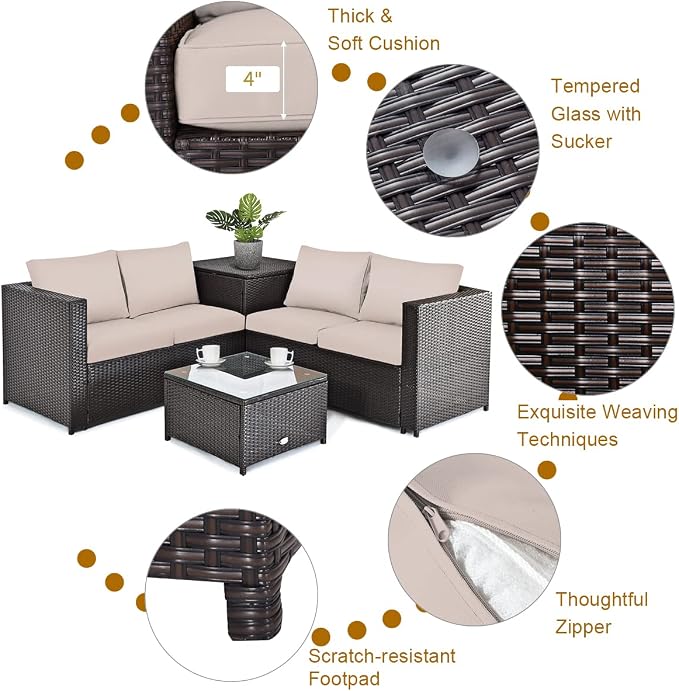 COSTWAY 5 Piece Patio Furniture Set with 42'' Fire Pit Table, Outdoor Wicker Rattan Loveseat Sofa with 4'' Thickened Cushions, 2 Side Tables, Sectional Conversation Set for Backyard (Beige)