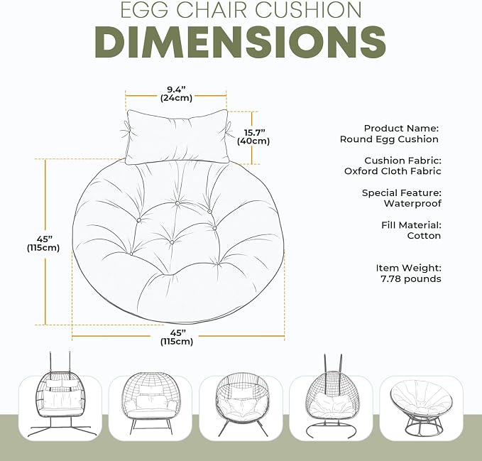 Outdoor Round Egg Chair Cushion Replacement, Waterproof 45" L x 45" W Thicken Hanging Swing Egg Chair Cushions with Headrest Pillow, Soft Wicker Basket Eggs Chairs Pad for Garden (Green Rose)