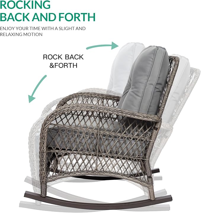 VIVIJASON 5-Piece Outdoor Patio Wicker Conversation Sets, All Weather Outdoor Rattan Furniture Set Includes Glider Loveseat, 2 Coffee Table, 2 Rocking Chairs with Cushions for Backyard, Grey