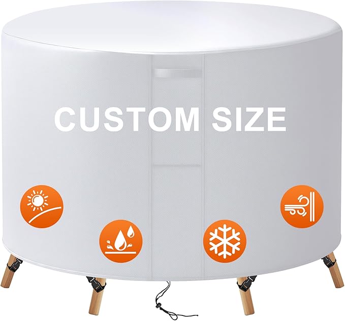 32"(D) x 48"(H) Round Outdoor Furniture Cover, Custom Heavy Duty 420D Waterproof Patio Furniture Cover with Drawstring & Buckles for Table Chair Garden, Silver
