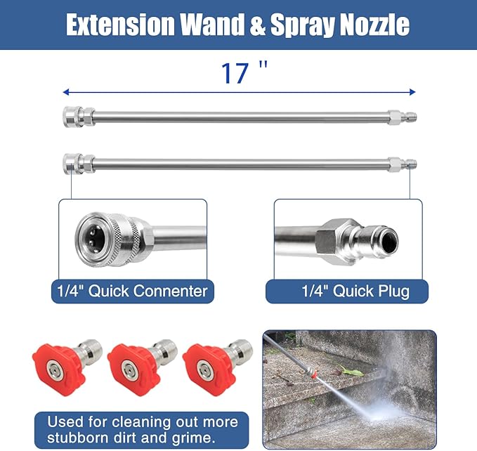 JANZ 20'' Pressure Washer Surface Cleaner with 4 Wheels, Stainless Steel Housing, 1/4" Quick Plug, 2 Extension Wands, 2 Replacement Nozzles and 3 Spray Nozzles, 4000 PSI
