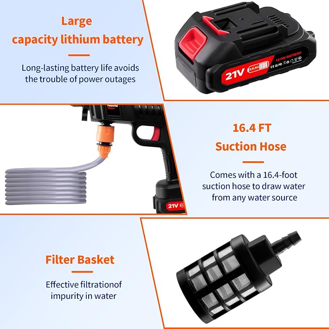 Cordless Pressure Washer, 1500W Portable Power Washer, Rechargeable Battery Pressure Washer with 5M Hose & 3 Nozzles, Electric Pressure Washers for Car Patio Garden Cleaning Watering