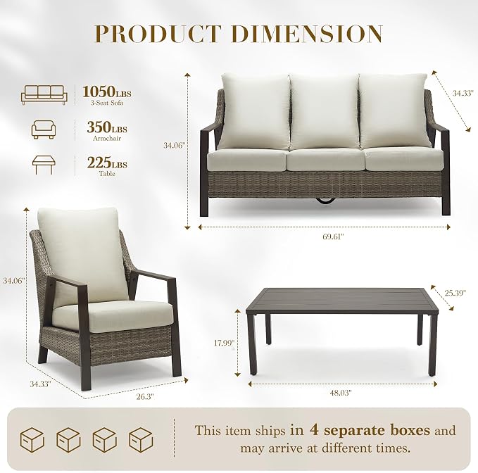 3 Piece Wicker Patio Bistro Set, All Weather Outdoor Conversation Set with Thick Washable Olefin Cushions, 2 Armchairs & Coffee Table for Backyard Deck Porch, Beige