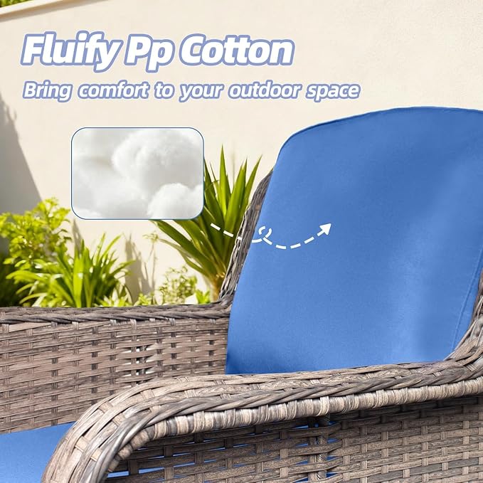3 Seater Outdoor Wicker Sofa with Table, High Back Rattan Couch with Extra Thick Cushions, Wide Armrests, Deep Seating Sets for Porch Balcony Deck Yard, Blue