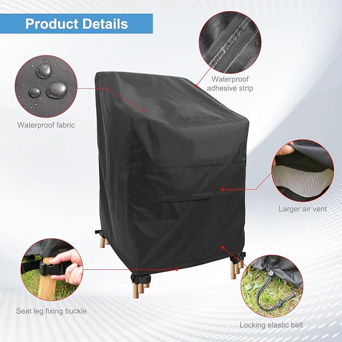 Stackable Chair Covers Outdoor Waterproof - 1 Pack Patio Chair Covers (25W x 25D x 47H inches, Black) Patio Furniture Covers with nonfading fabric fits for 4-6 Stacking Chairs