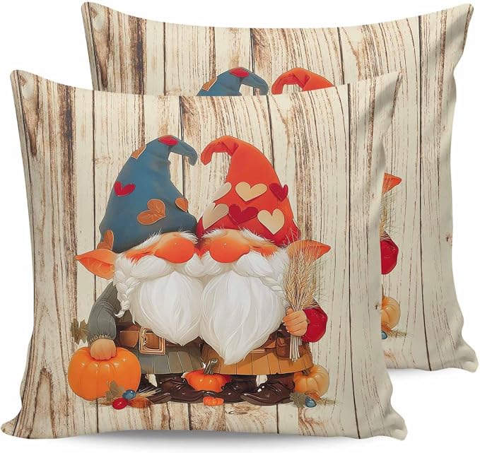 Outdoor Waterproof Throw Pillow Covers 24x24in, Fall Harvest Pumpkins Gnomes Cushions for Garden Patio Furniture Chairs Set of 2, Rustic Wood Grain Home Decor Couch Sofa Polyester Pillow Cases