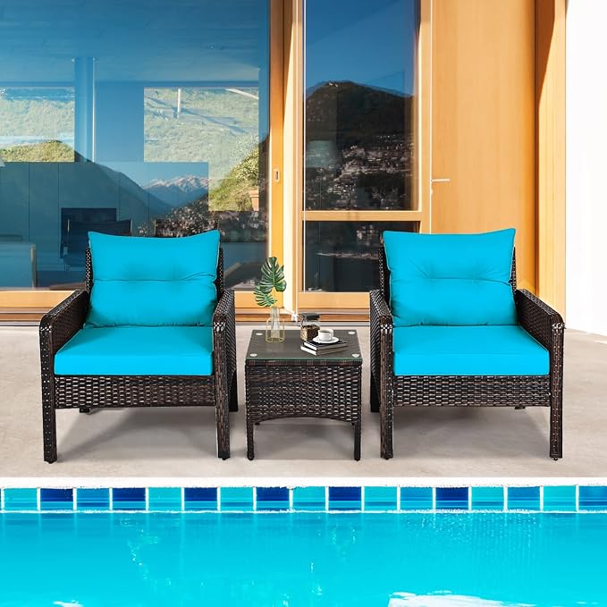KOTEK 3 Piece Patio Furniture Set, Outdoor Wicker Conversation Bistro Set with 4 Cushions, All Weather PE Rattan Furniture Set for Garden, Backyard, Porch, Poolside (Turquoise)
