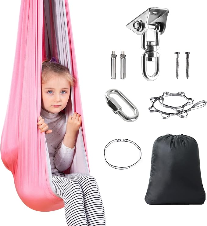 Therapy Swing Hammock Kids Cuddle Sensory Swing Indoor Therapeutic Hammock 360° Rotating Double Layer Elastic Rocking Cloth Swing Gifts for Children with ADHD SPD Asperger Autism (Pink+Grey)