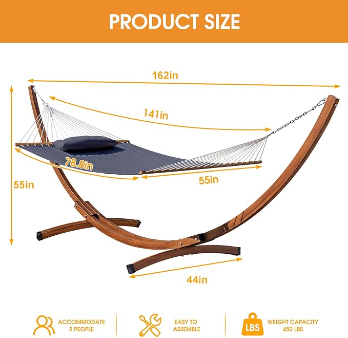 Lazy Daze Hammocks Double Quilted Hammock with 13 FT Curved Steel Heavy Duty Stand and Pillow for Outside, Backyard, Patio, 450 Lbs Capacity, Dark Grey