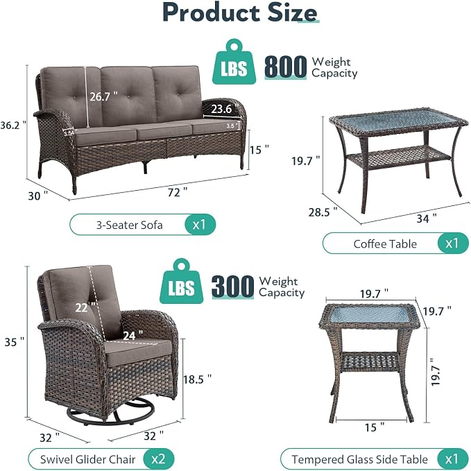 5 Piece Patio Furniture Set - Wicker Patio Conversation Set with Swivel Glider, 3 Seat Sofa, Tempered Glass Side Table and Coffee Table for Deck Backyard - Brown Wicker Grey Cushion