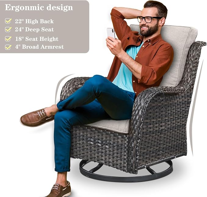 Belord Wicker Outdoor Furniture Patio Furniture Set - 6 Piece Patio Conversation Set with Swivel Rocker Chairs, Rattan Sofa, Ottomans and Coffee Table, Beige Cushion