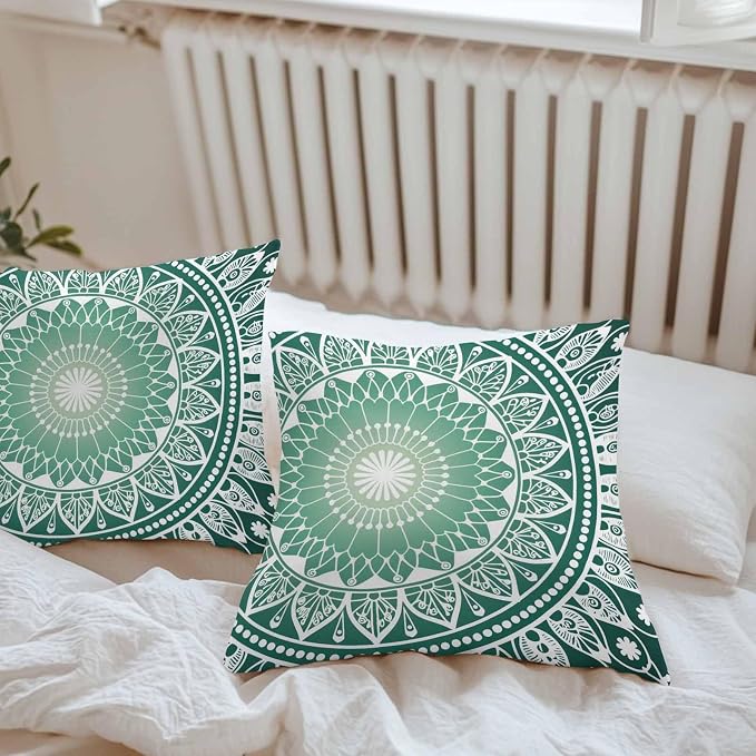 Vandarllin Outdoor Throw Pillows Covers 20x20 inch Set of 2 Waterproof Green Boho Floral Decorative Zippered Cushion Covers for Patio Furniture, Bohemian Sacred Space Art Lumbar Pillowcases