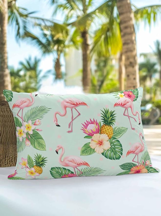 Outdoor Waterproof Throw Pillows 12x20in, Summer Flamingos Tropical Leaf Patio Pillows Pack of 1, Decorative Pillow Covers with Insert, Pillow Cushion Case for Garden Couch Sofa Pink Flower Pineapple