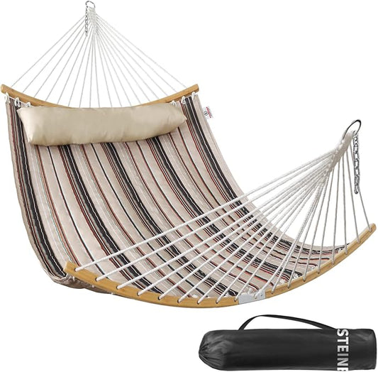 Double Hammock, 11 FT Quilted Fabric 2 Person Hammock for Outside with Pillow, Folding Curved Spreader Bar, Chains, Carrying Bag, Indoor Outdoor, 450 IB Capacity, Havana Brown