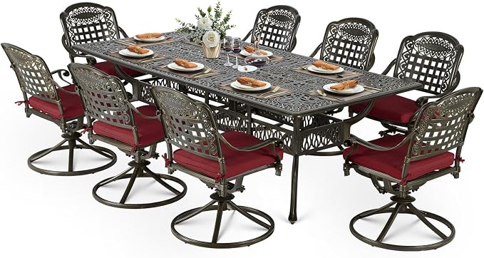 VIVIJASON 9-Piece Outdoor Dining Furniture Set, Cast Aluminum Patio Table & Chairs Set for 8, Include 94.5" Rectangular Dining Table and 8 Swivel Rocker Chairs with Umbrella Hole, Red Cushion