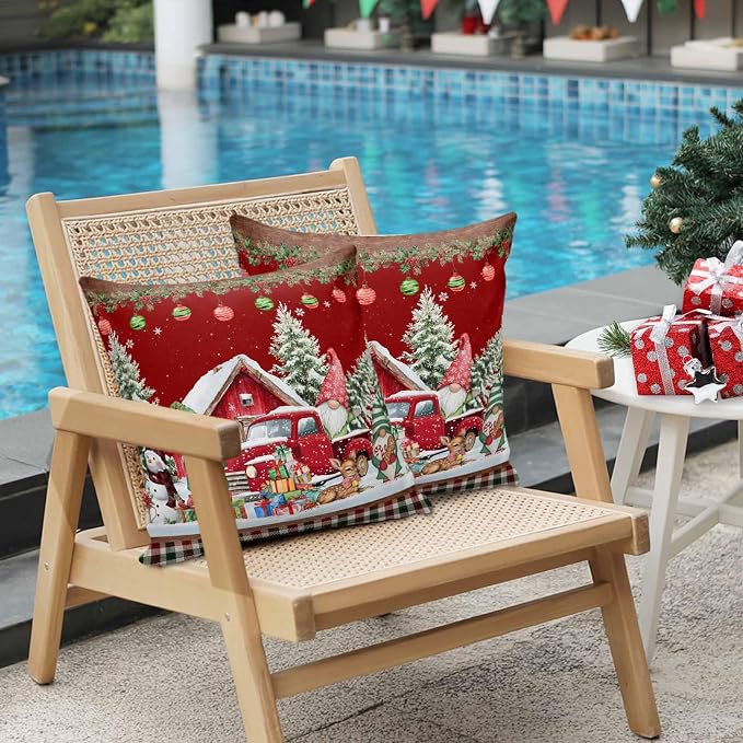 Red Christmas Lumbar Pillow Covers 20x12 Inch Set of 2, Truck Elk Xmas Tree Snowflake Ball Winter Gnomes Waterproof Outdoor Cushion Covers, Decorative Pillowcases for Couch, Sofa, Bed, Garden, Patio