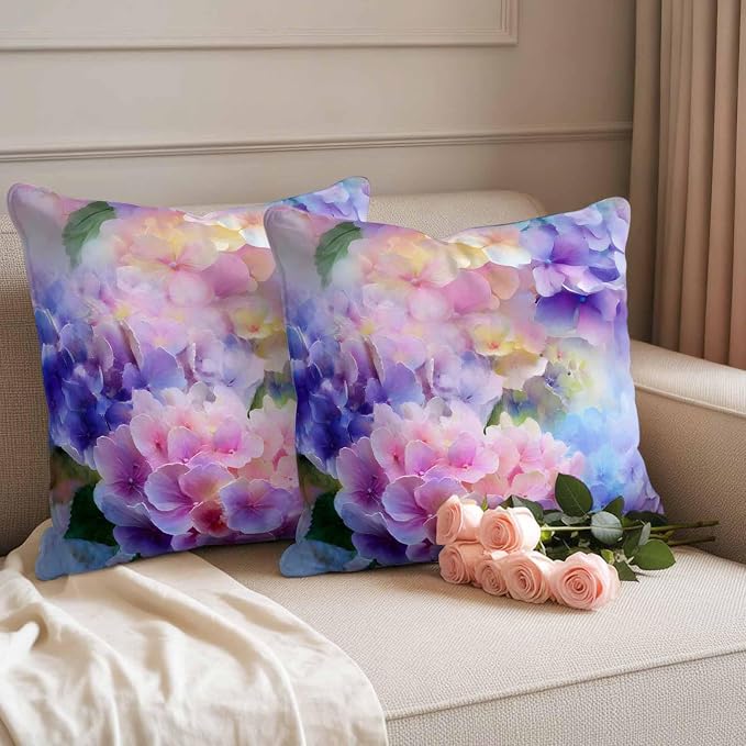 Pink Purple Floral Outdoor Pillow Cover 24x24 Inch Cushion Sham Case, Spring Hydrangea Flower Fantasy Botanical Waterproof Decorative Square Throw Pillowcase for Outside Garden Patio Porch Couch Chair
