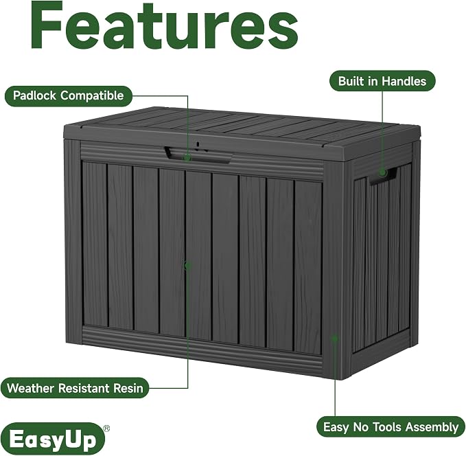 EasyUp 55 Gallon Deck Boxes Outdoor Waterproof, Resin Outside Storage Box for Patio Cushion Furniture Pool Accessories Garden Tools Indoor Outdoor Storage Bench (55 Gallon, Black)
