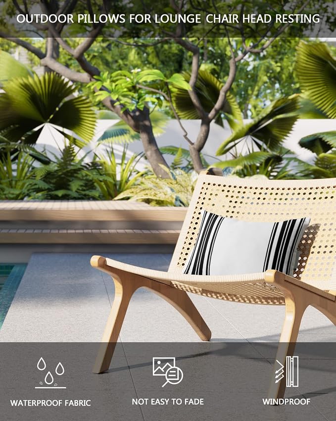 Outdoor Pillows Covers with Inserts Colorful Stripes Black Wood Texture White Waterproof Recliner Pillow with Adjustable Strap Throw Pillows for Patio Furniture Pool Lounge Chair, 11x16 inch, 1PCS