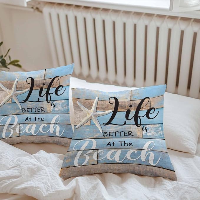 Summer Outdoor Pillow Covers Set of 2,Ocean Life Texts Starfish Decorative Waterproof Throw Pillow Case,Retro Blue Wood Plank Cushion Pillowcases for Couch Garden Patio Beach,16x16In