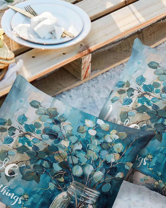 Outdoor Waterproof Throw Pillow Covers 24x24in, Vintage Eucalyptus Leaves Blue Cushions for Garden Patio Furniture Chairs Set of 2, Spring Watercolor Art Home Decor Couch Sofa Polyester Pillow Cases