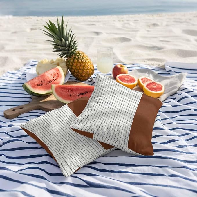 Boho Brown Leather Texture Outdoor Pillow Covers 24x24 Inch Throw Pillow Covers Set of 2 Waterproof Decorative Pillow Cases Modern Black Striped Cushion Covers for Patio Furniture Garden Couch Sofa