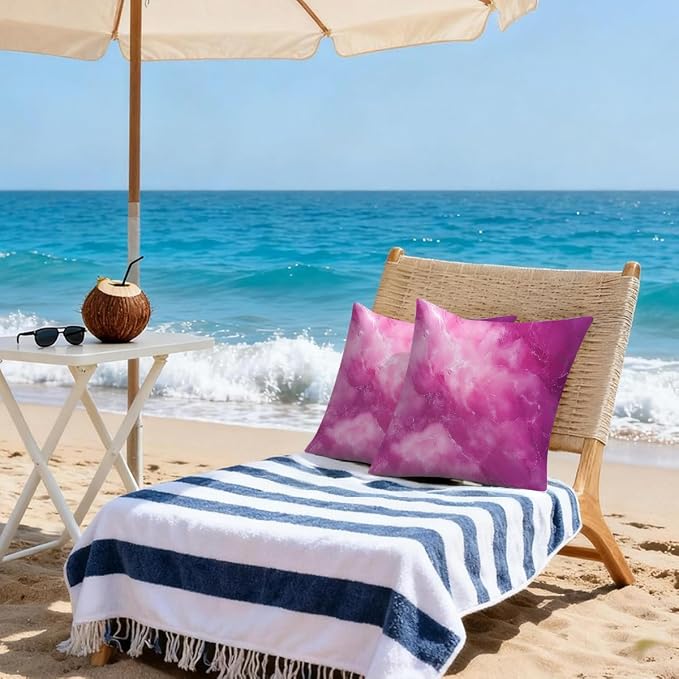 18x18 Inch Outdoor Pillow Covers Set of 2 Waterproof Throw Pillow Covers Decorative Couch Cushion Covers Pink Marble Pattern Square Pillowcases Protectors for Patio Garden Sofa