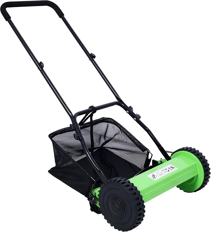 14-Inch 5-Blade Push Reel Lawn Mower – Manual Grass Cutter with Adjustable Height & Grass Catcher, Eco-Friendly, Quiet, Low Maintenance (Green)
