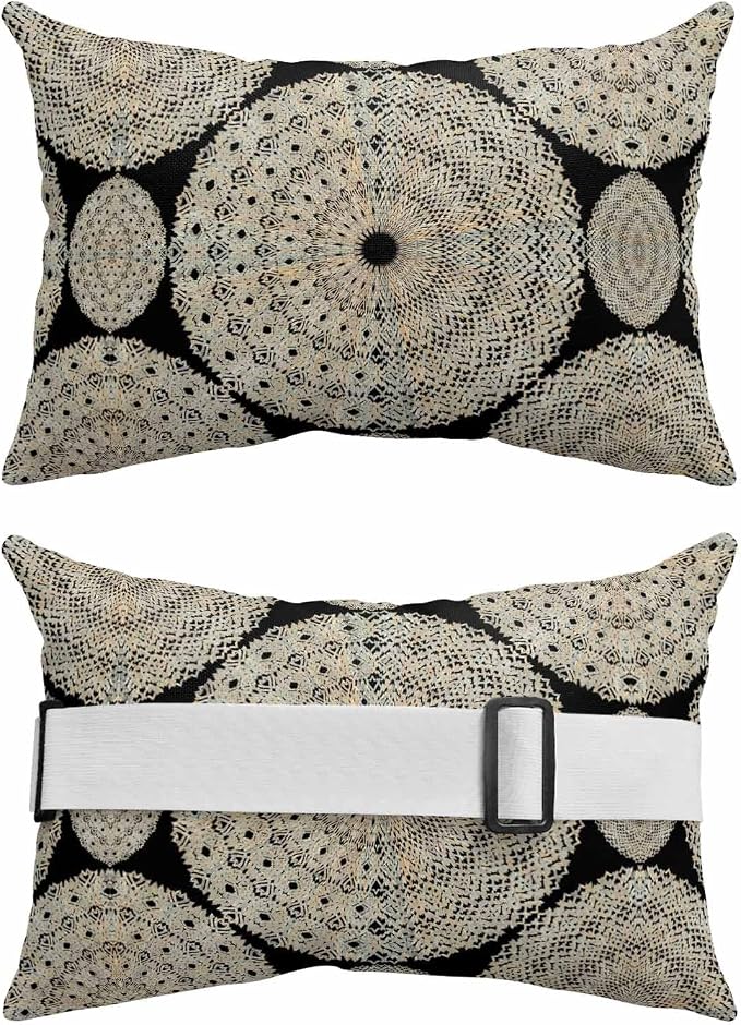 Chaise Lounge Head Resting Pillows,Boho Khaki Circle Abstract Geometric Lines Black Outdoor Chaise Pillows,Waterproof Patio Furniture Pillows with Insert and Adjustable Elastic Strap for Beach Chair