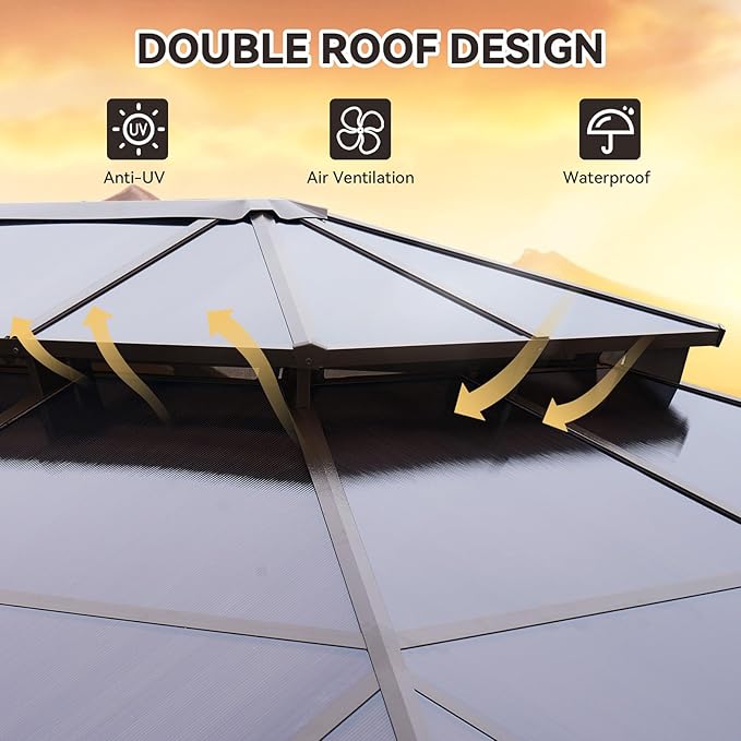 Aoxun 12'x14' Hardtop Gazebo, Outdoor Metal Gazebo with Double Polycarbonate Roof Canopy, Permanent Pavilion with Netting and Curtains for Lawn, Garden, Patio