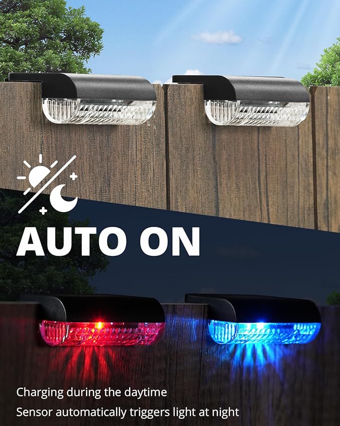 Herzila 24 Pack Solar Fence Lights Outdoor Color Changing Solar Deck Lights Waterproof Led Step Lights for Outdoor Stairs, Auto Dusk-to-Dawn, Low Profile, for Vinyl Fence Railing Deck Patio Yard