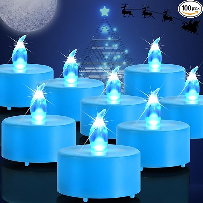 Battery Operated Tea Lights Candles, Flameless Electric Fake Candle, 100 Pack Flickering Votive Led Tealights, Long Lasting 200+Hours, for Wedding Party Home Decoration (Blue)