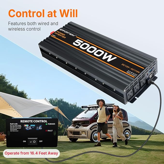 5000W Power Inverter, 12V DC to 110V/120V Modified Sine Wave Inverter with 3 AC Outlets, USB Port, Wired Remote Controller, Car Power Inverter for RV, Truck, Boat, Camping, Off-Grid