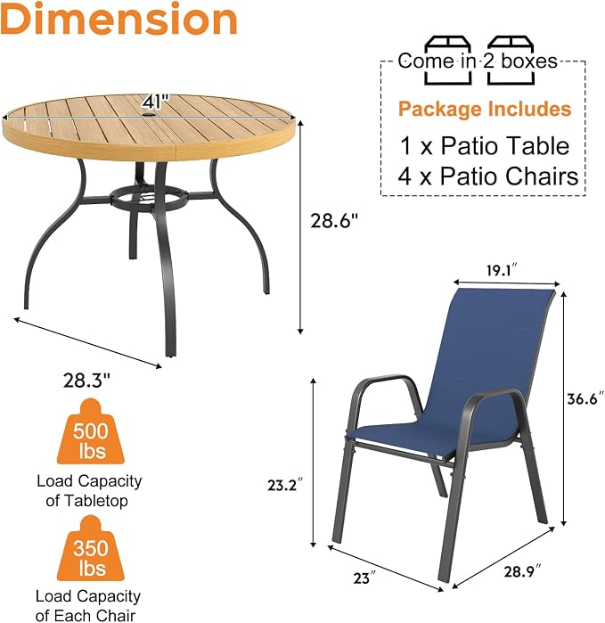 Outdoor Patio Dining Set for 4, 5 Pieces Patio Table and Chairs Set with Umbrella Hole, 41"x 41" Round Metal Wood-Grain Dining Table Set with 4 Stackable Patio Chairs for Deck , Backyard, Porch