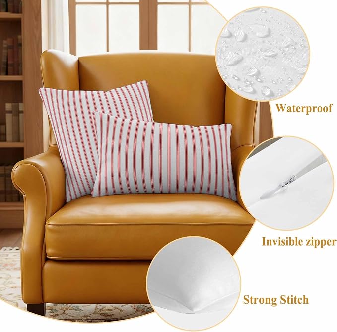 Outdoor Pillow Covers 18x18 Set of 2 Red Stripes Outdoor Pillows Waterproof Throw Pillow Covers Red Beige Vertical Striped Pillowcases Decorative Case for Patio Cushion