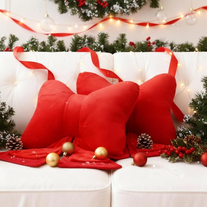 Novabright 2 Pack Christmas Red Bow Pillows Soft Cute Decorative Throw Pillows Aesthetic Home Decor Bow Shaped Stuffed Christmas Decoration for Bedroom Sofa Couch