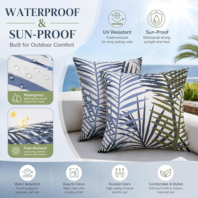 2pcs Outdoor Decor Pillows, Insert and Cover, Waterproof & Fade-Resistant Patio Couch Cushions for Garden, Porch, Poolside Sofa (Bamboo Leaf, 18x18in)