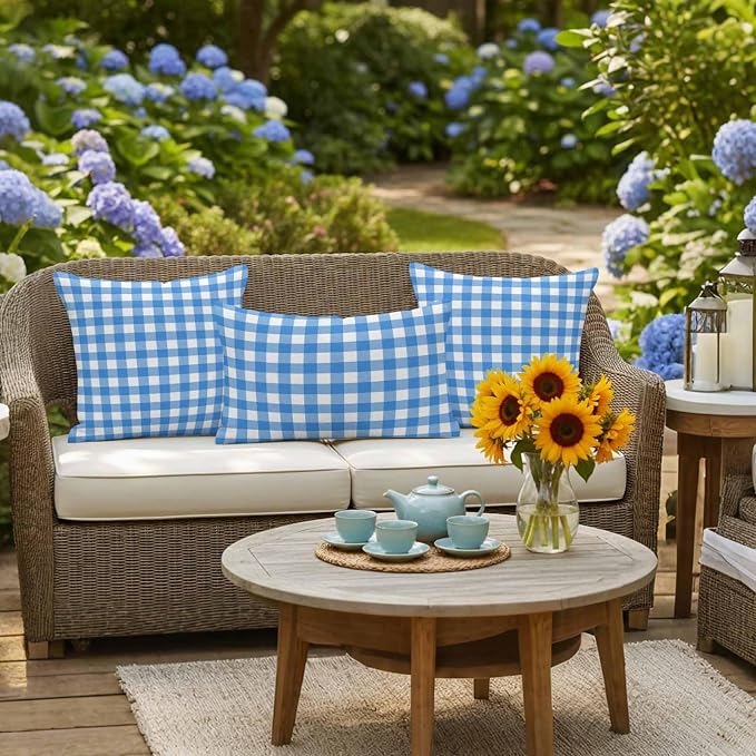 Sky Blue Checks Outdoor Pillow Covers 20"x20" Set of 2, White Gingham Plaid Abstract Modern Coastal Waterproof Throw Pillow Covers for Patio Furniture, Decorative Cushion Covers for Porch