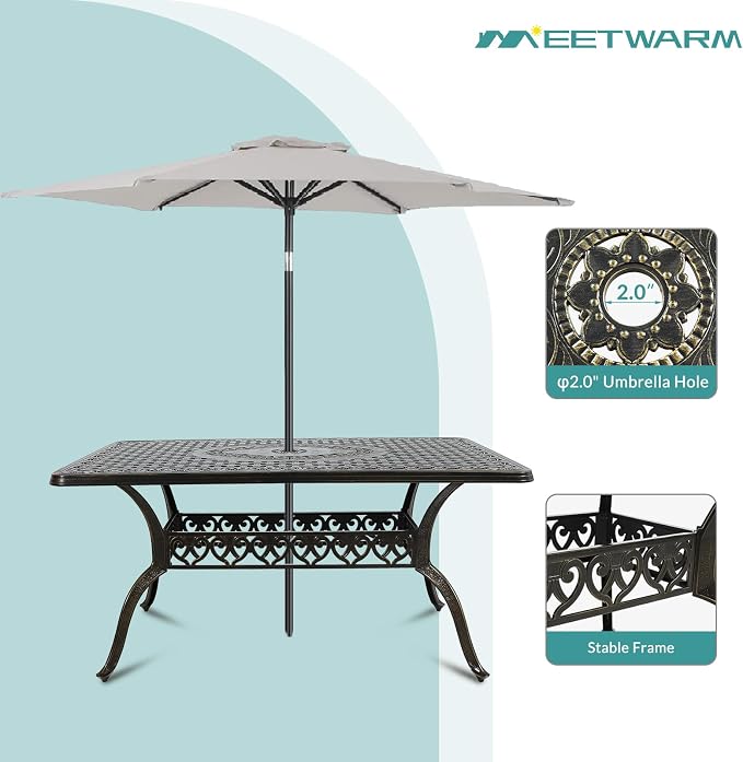 MEETWARM 7 piece Outdoor Patio Dining Set for 6 Seater Dining Table Set, All-Weather Cast Aluminum Patio Conversation Set for Garden with 6 Chairs, 1 Rectangular Table, 2" Umbrella Hole, Dark Bronze